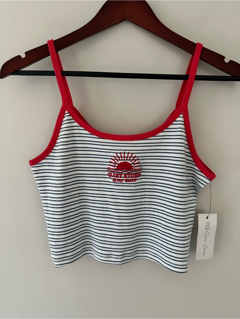 Quiet Storm Logo Contrast Blue Striped 90’s Surfer Girl Cropped 100% Cotton Tank